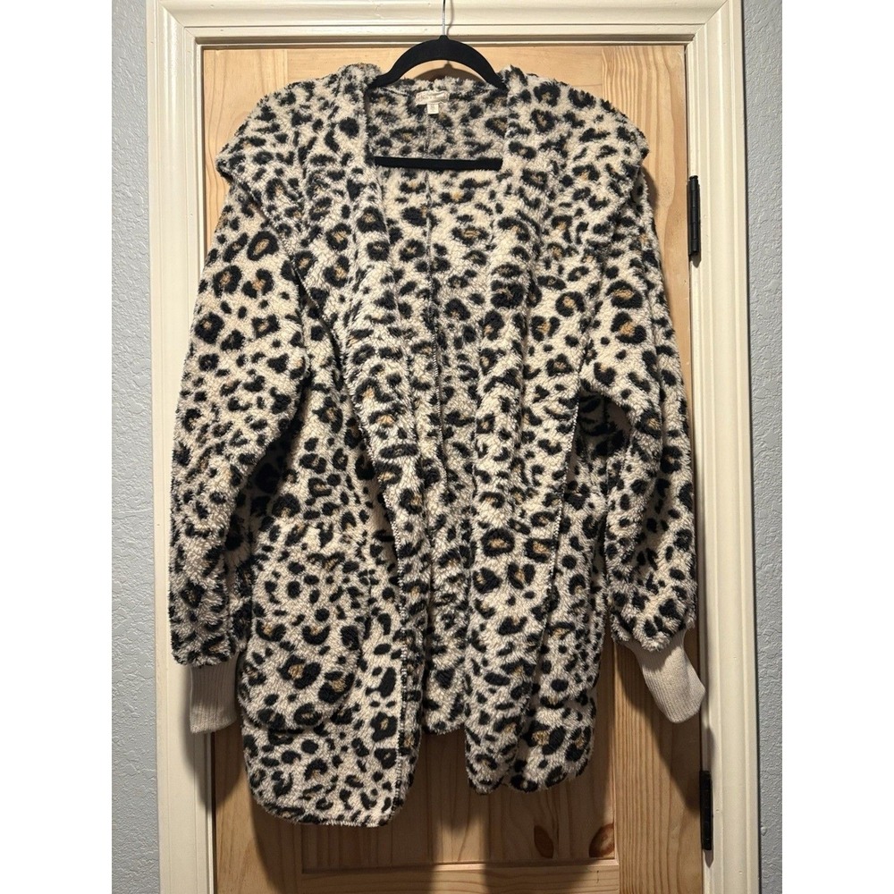 Leopard Sherpa Hooded Cardigan Womens Cozy Lounge Wrap Jacket - Picture 2 of 9